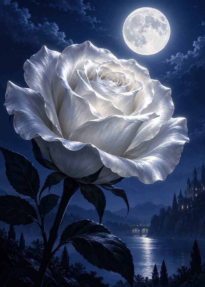 Luminous White Rose Under Full Moon