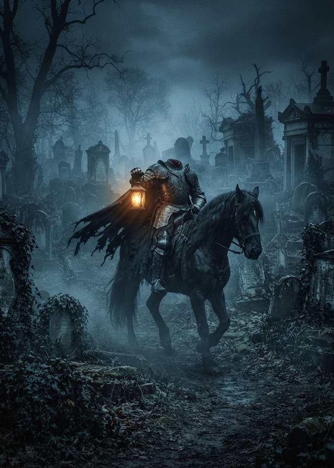 Headless Horseman in Misty Graveyard