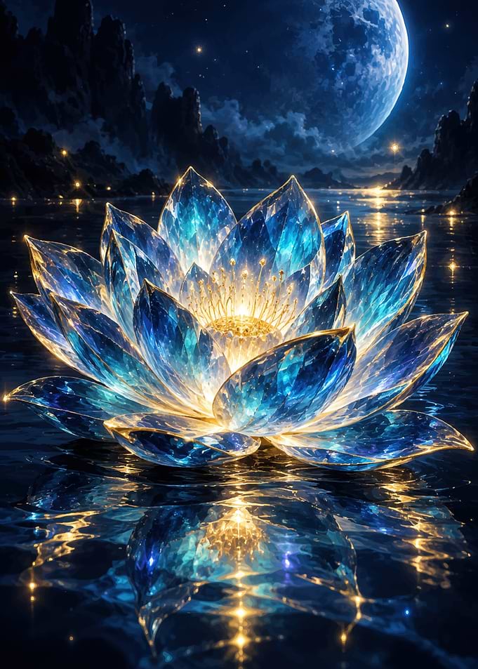 Glowing Crystal Lotus on Water