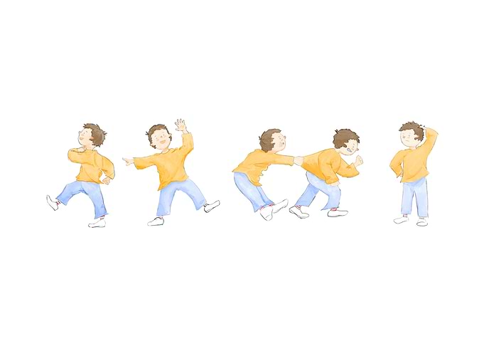 Watercolor illustration of boy's movements