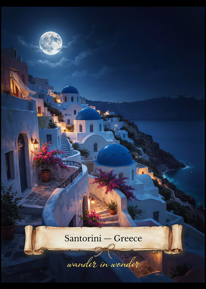 Santorini Moonlit Balcony Streetscape — Romantic Mystical Mediterranean Night Art