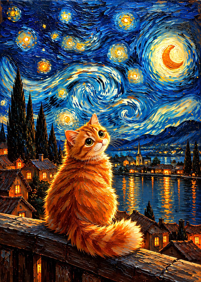 Ginger Cat Under Starry Night Sky
