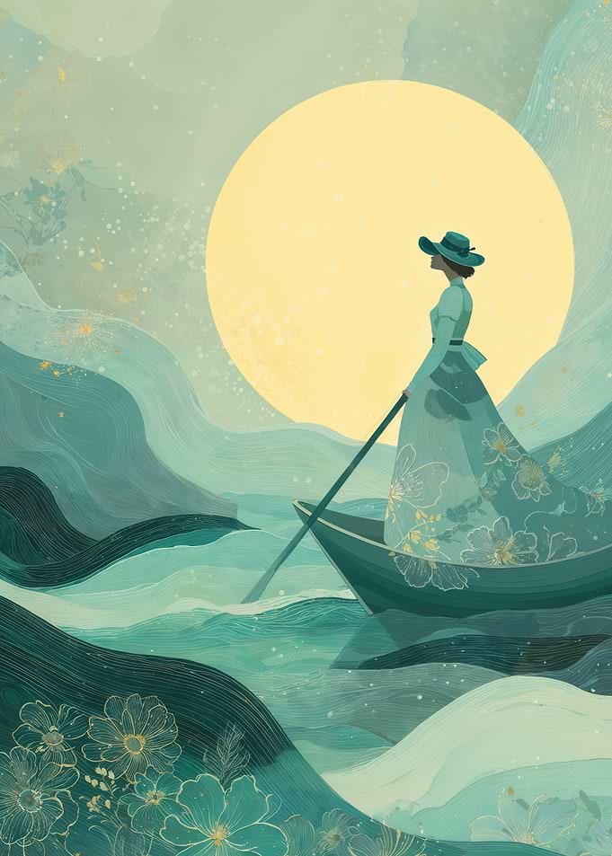 Woman Rowing Through Teal Waves Beneath Moon