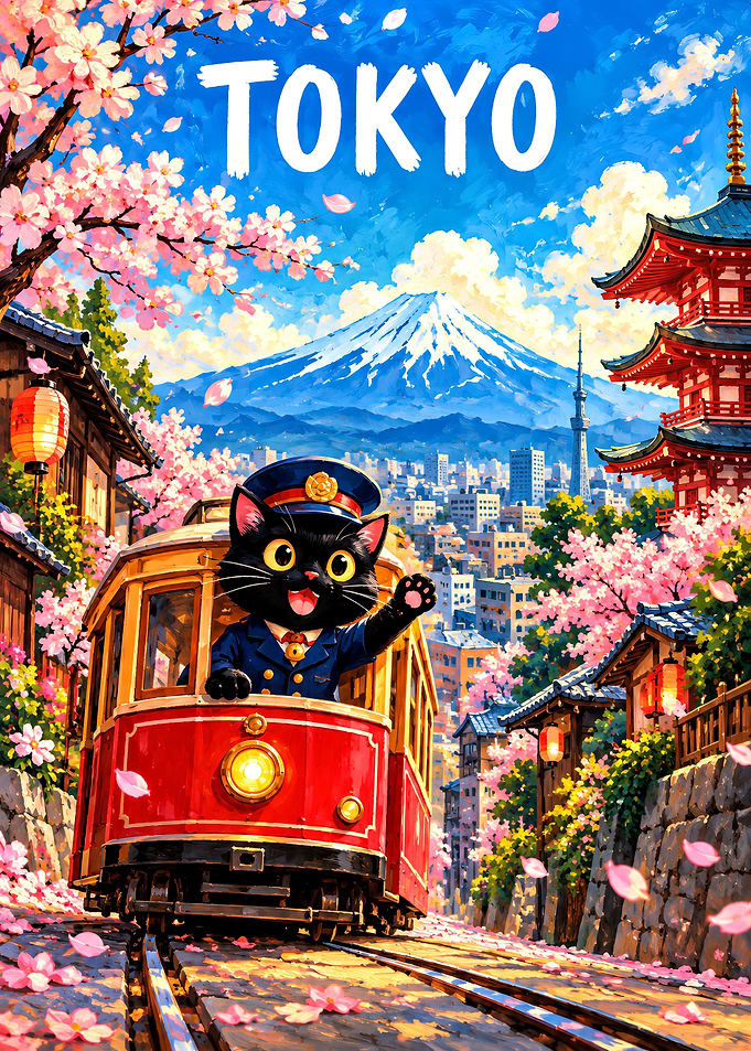 Tokyo Cat Conductor Travel Poster