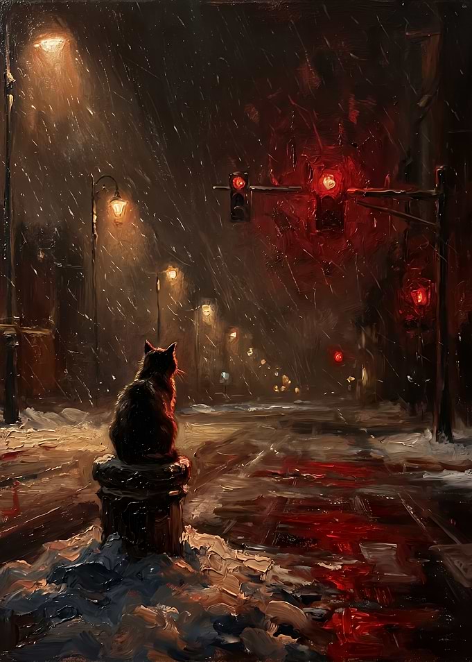 Lonely Cat in Snowy City Night