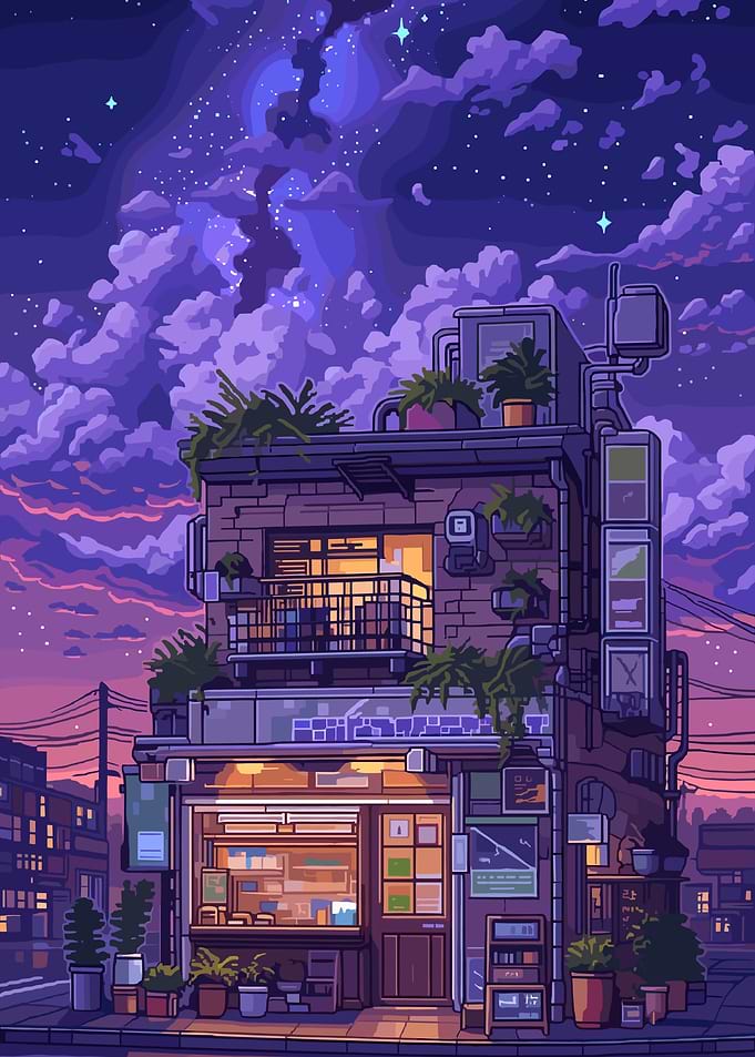 Cozy Pixel Art Shop at Night
