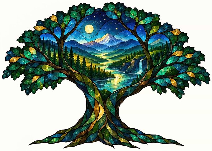 Stained Glass Tree Landscape Art