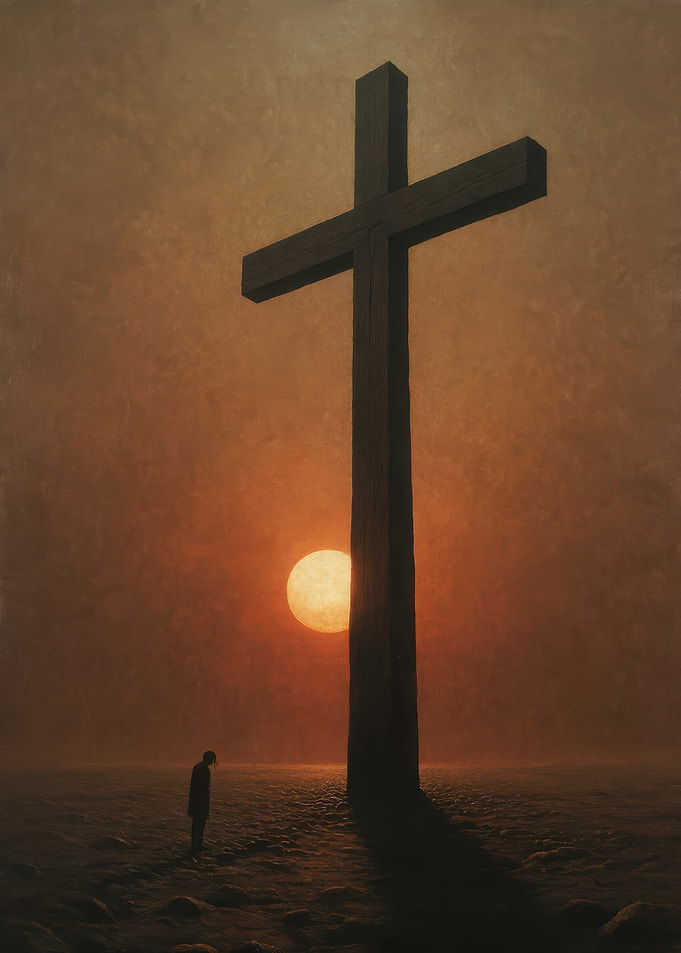 Solitary Figure Before Giant Cross