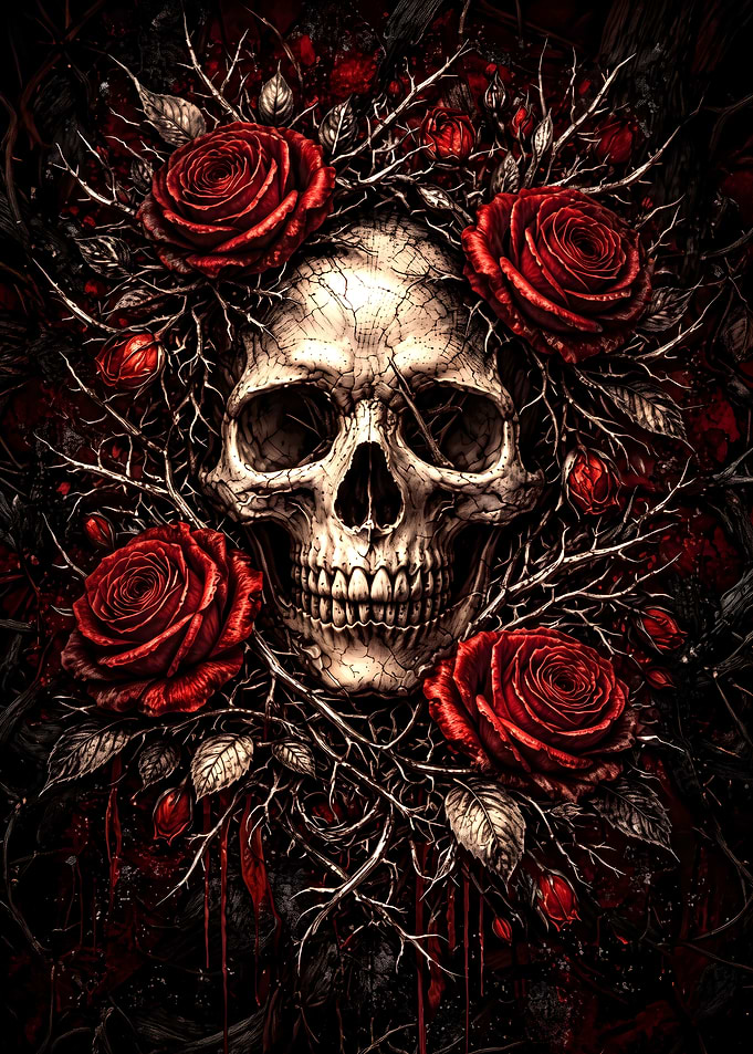 Gothic Skull Surrounded by Red Roses