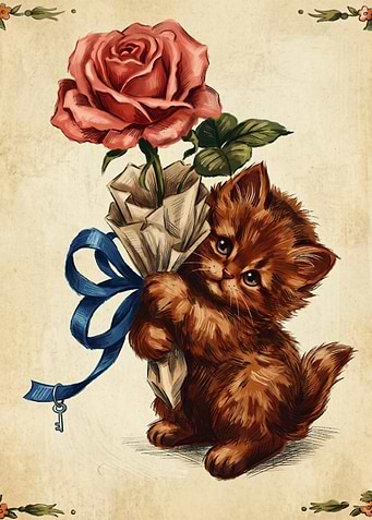 Fluffy Kitten With Rose Vintage Cat Illustration
