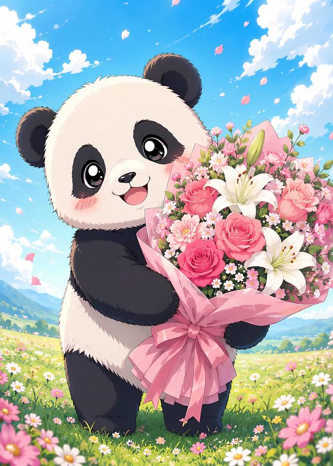 Cute Panda Holding Flower Bouquet