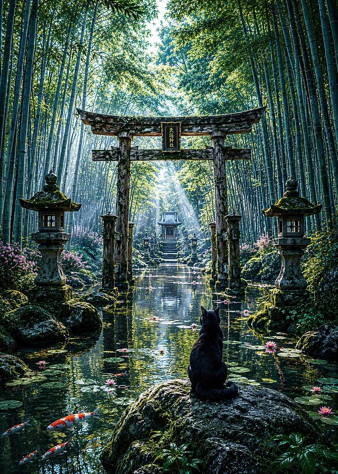 Black Cat at Japanese Bamboo Shrine