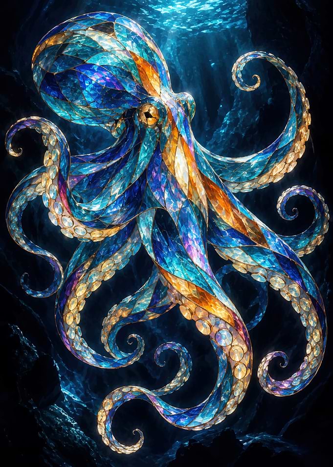 Stained Glass Octopus Underwater
