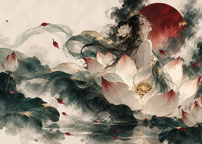 Ethereal Woman Emerging from Lotus Flower