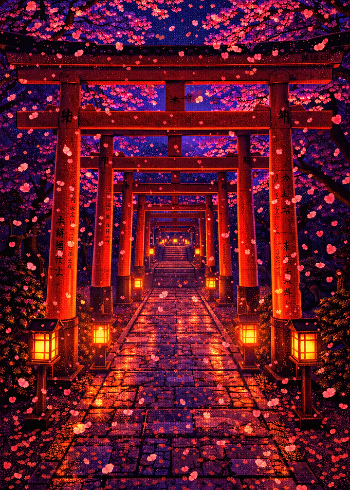 Torii Gate Path with Cherry Blossoms