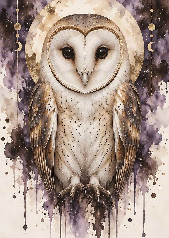 Mystical Barn Owl with Moon Phases
