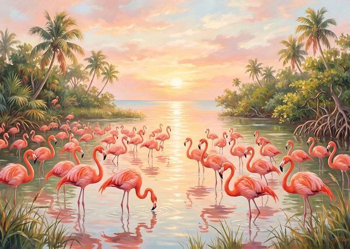 Flamingo Flock at Tropical Sunset
