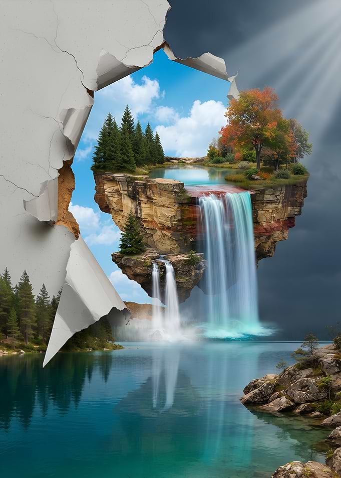 Floating Island Waterfall Surreal Landscape Nature