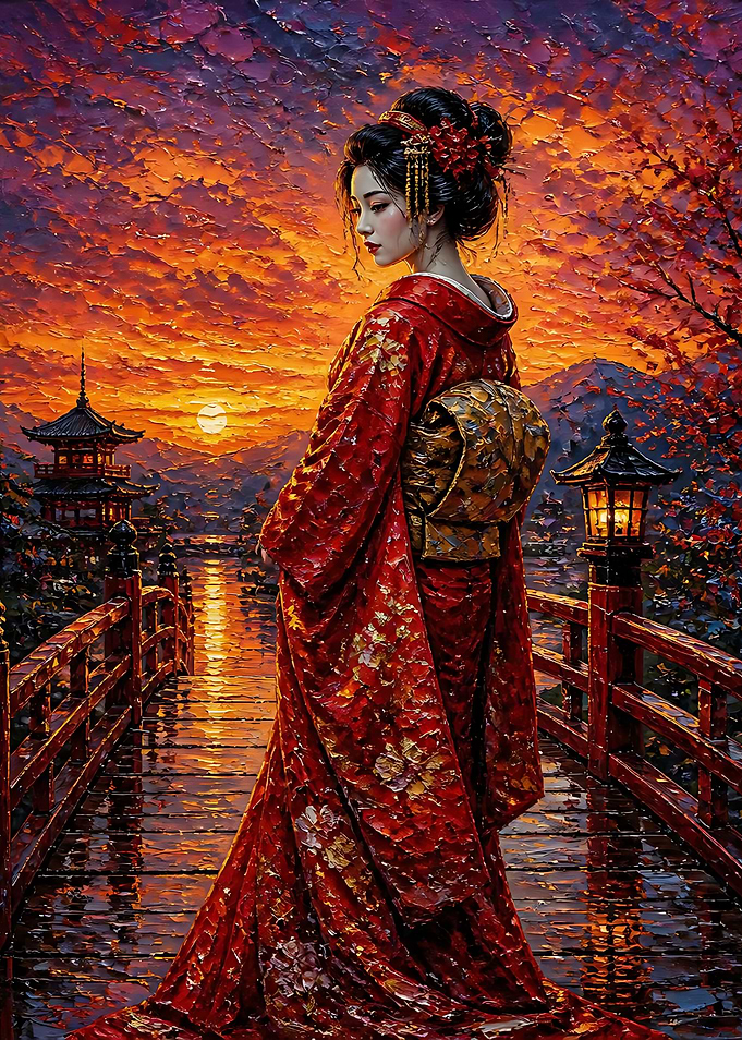 Geisha on Bridge at Sunset