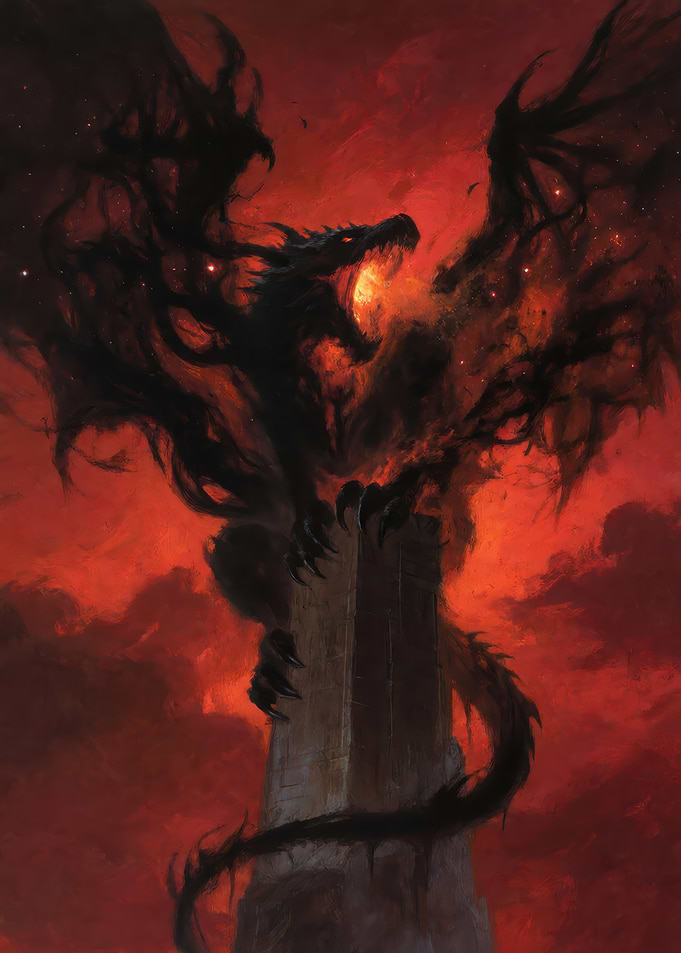 Shadow Dragon Perched on Tower