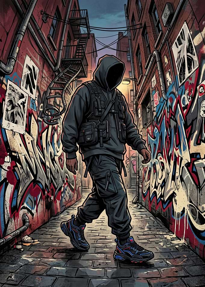 Faceless Figure in Graffiti Alleyway