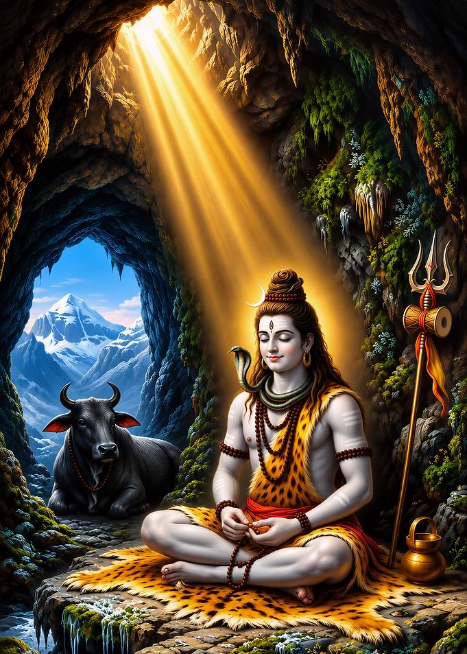 Lord Shiva Meditating in Himalayan Cave