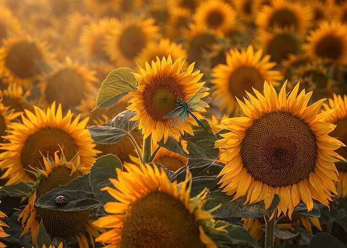 Dragonfly and Ladybug on Sunflowers