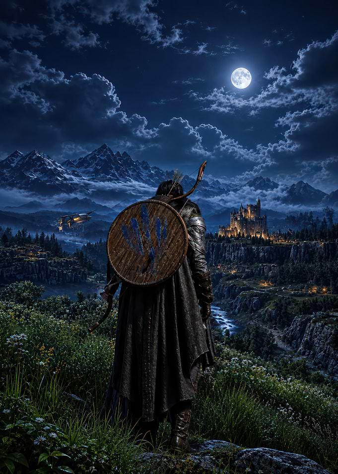 Warrior overlooking a moonlit fantasy kingdom