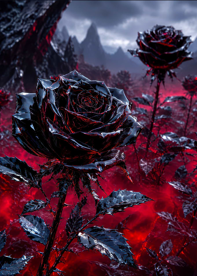 Dark Obsidian Roses in Crimson Mist