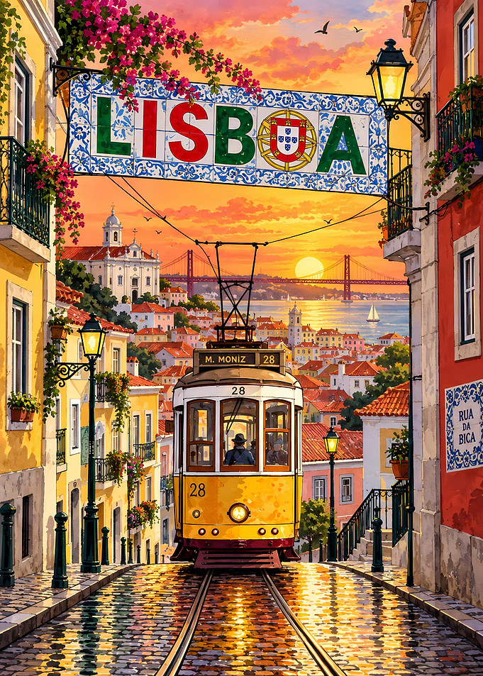Lisbon Tram 28 Sunset Scene
