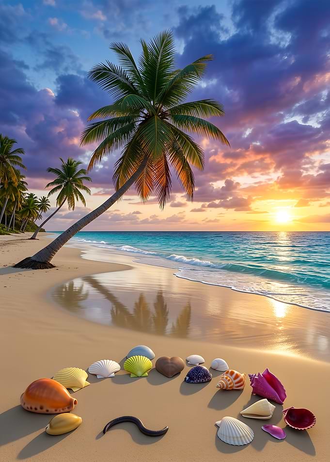Colorful Seashells on Tropical sandy Sea Beach