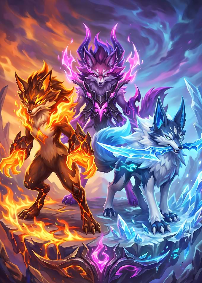 aniimo Elemental Wolf Trio Fantasy Art