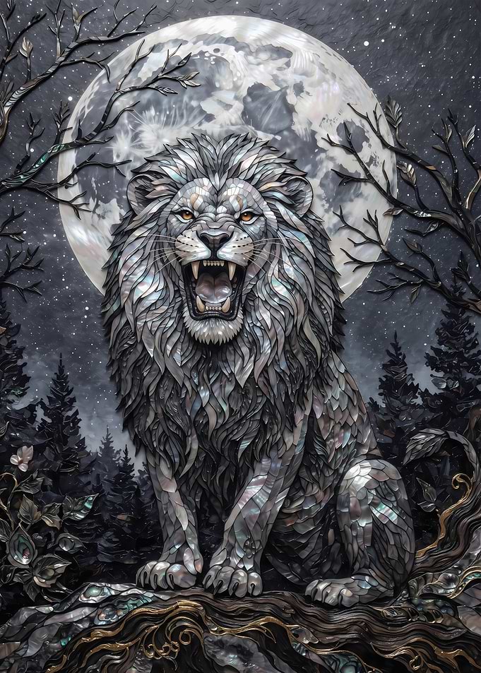 Mother of Pearl Lion Under Moon