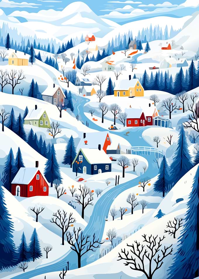 Cozy Winter Village Landscape Illustration