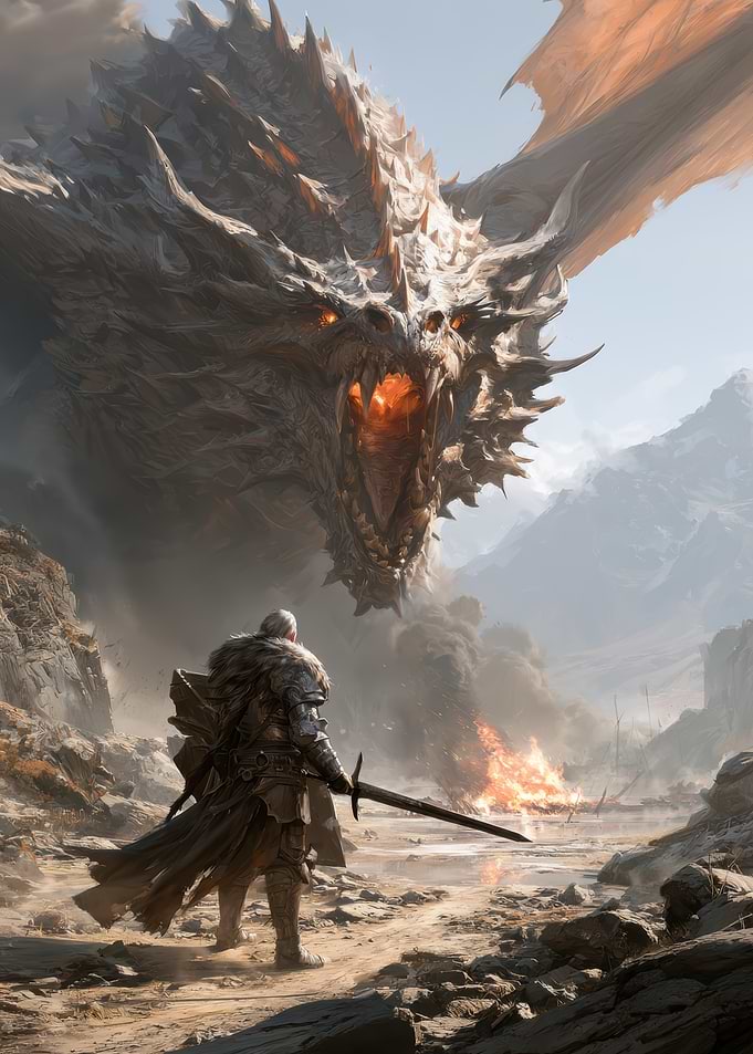 Knight Facing a Massive Dragon