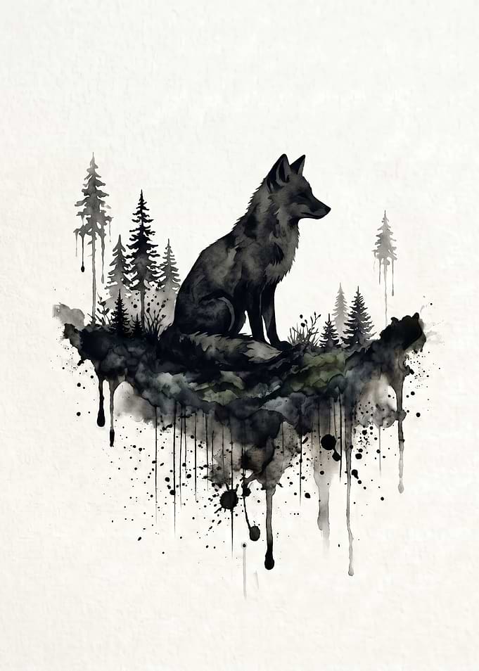 Watercolor Fox in Forest Silhouette