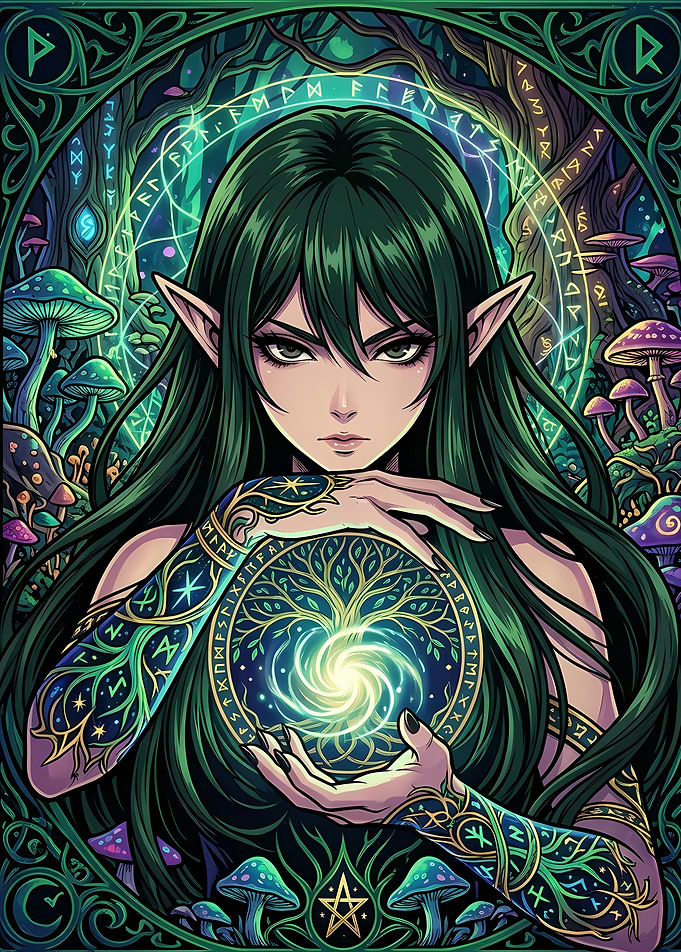Mystical Elf Druid with Glowing Orb