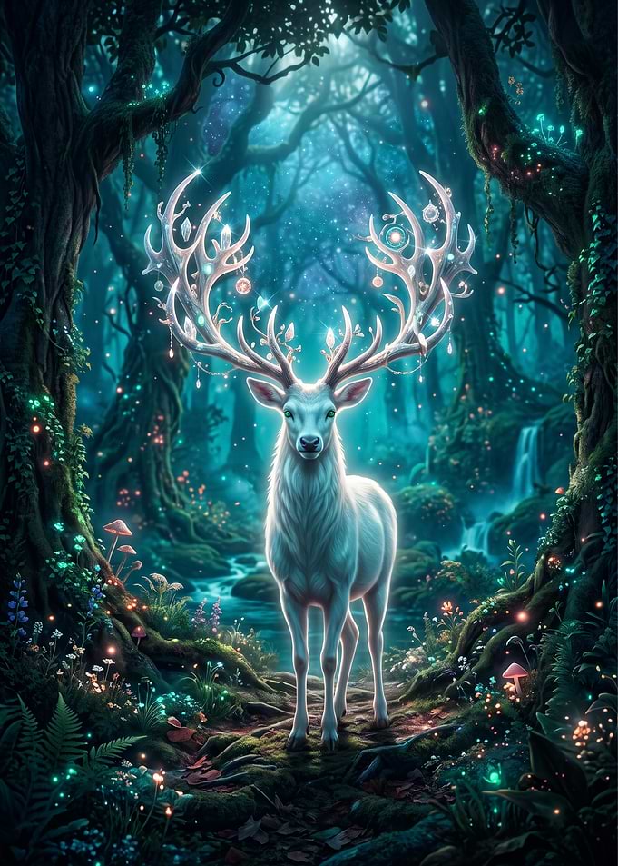 Magical White Deer in Enchanted Forest