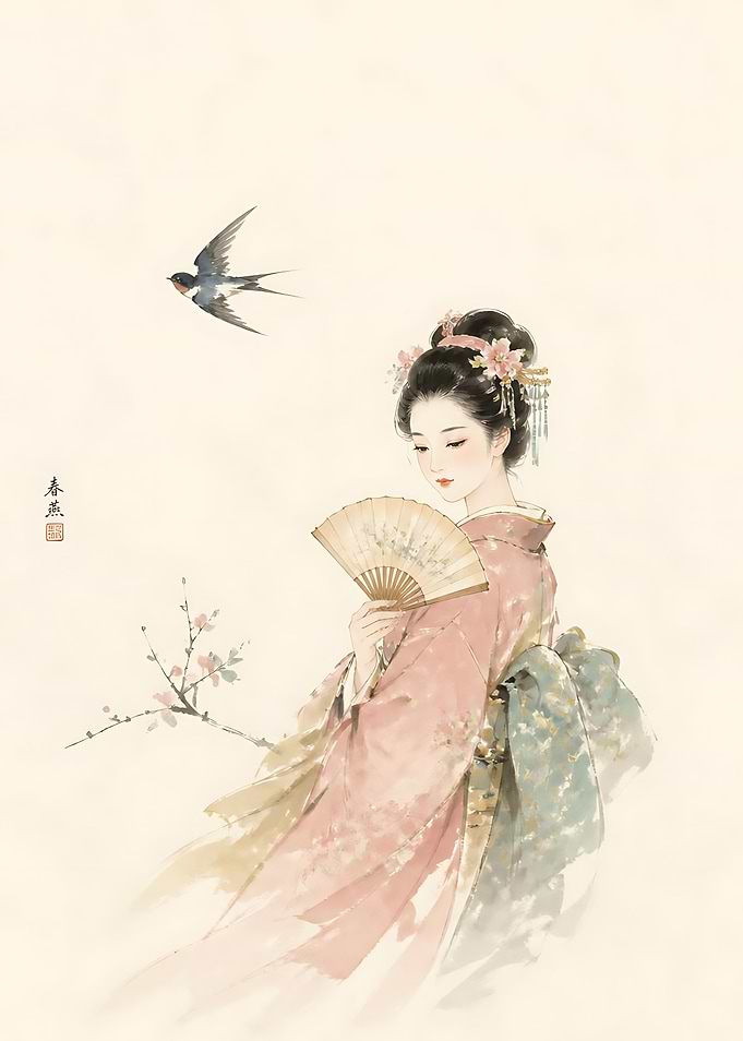 Elegant Woman with Fan and Swallow
