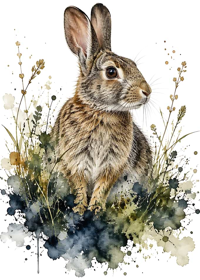 Watercolor Rabbit in Wild Grass