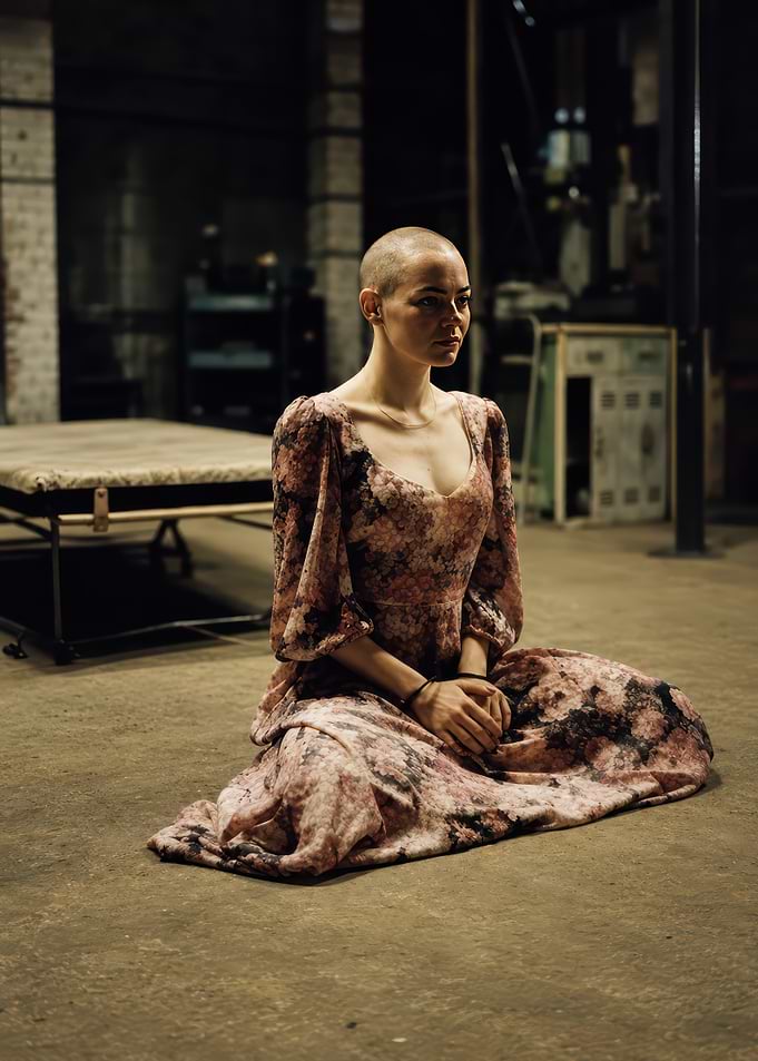 Bald woman in floral dress
