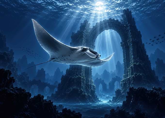 Manta Ray Swimming Through Underwater Ruins