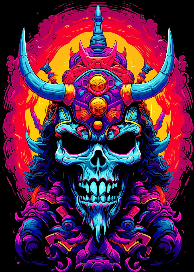 Neon Cyberpunk Oni Skull Warrior