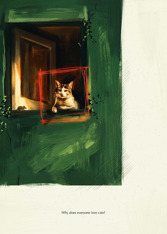 Window Cat Art Painterly Illustration