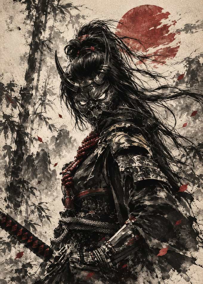Oni Samurai Warrior in Ink Style