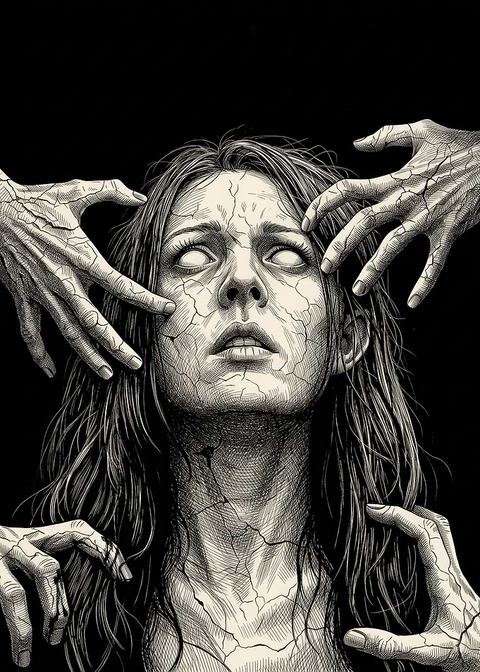 Cracked Face Haunted by Spectral Hands
