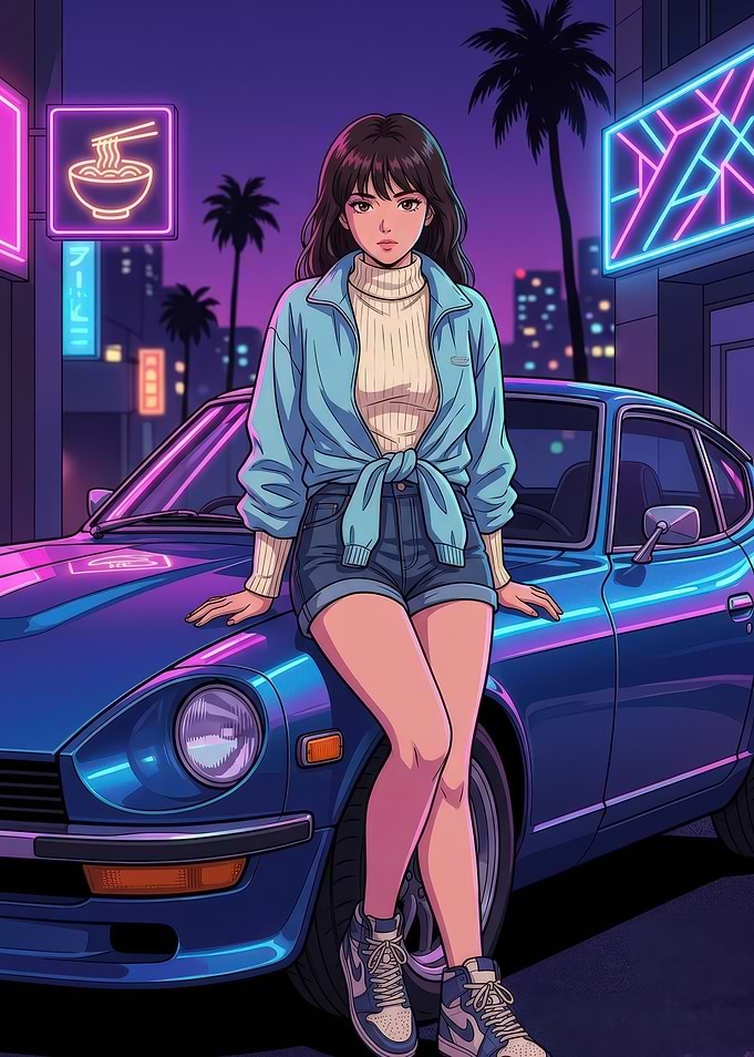 Anime Girl Leaning on Vintage Car