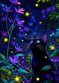Black Cat Among Glowing Fireflies