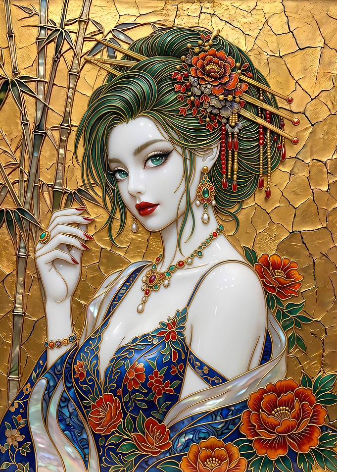 Elegant Geisha Portrait with Gold Background