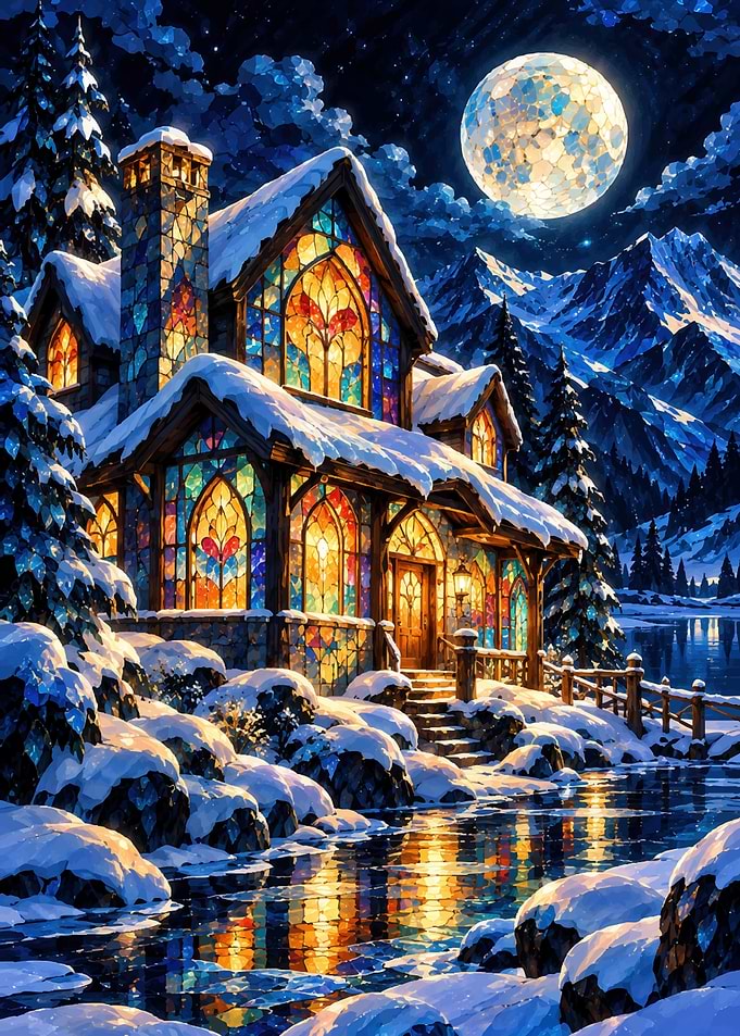 Stained Glass Cabin in Winter Night